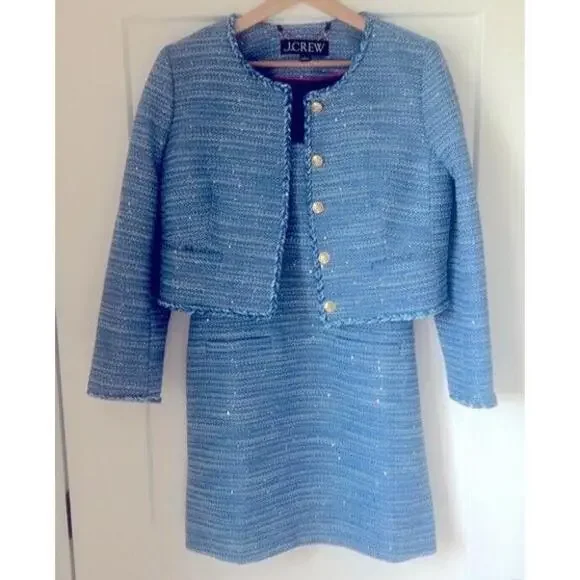 J. Crew Louisa Tweed Lady Jacket blazer + Blue Sequin Dress Size 4 6 - Picture 10 of 15